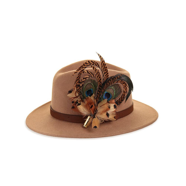 Coffee Tan Fancy Feather Wool Felt Slanted Hats - Sun Yorkos